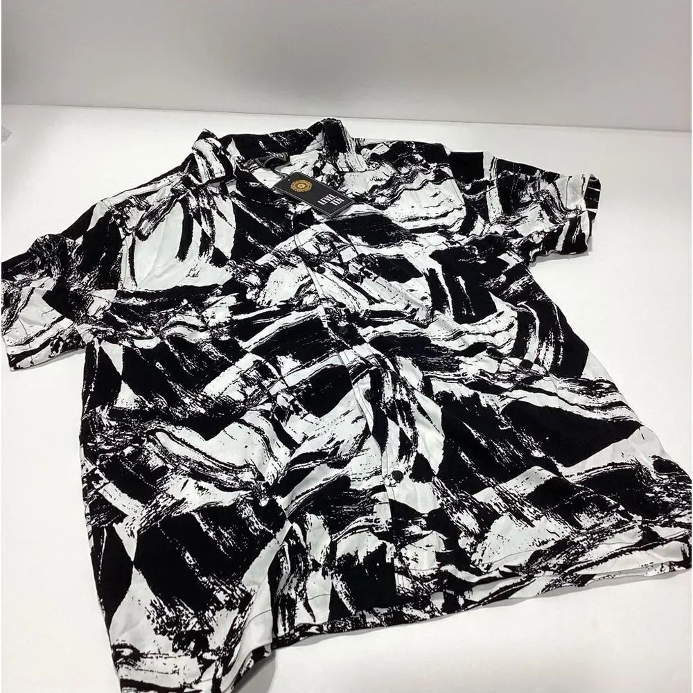 Level Ten Couture Shirt Men’s Camp Shirt Black White Resort L Rayon NWT